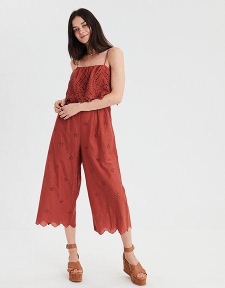 American Eagle Outfitters Ae Eyelet Wide Leg Jumpsuit
