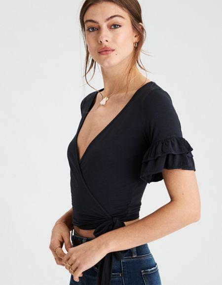 American Eagle Outfitters Ae Soft & Sexy Wrap Front Ruffle Sleeve T-shirt