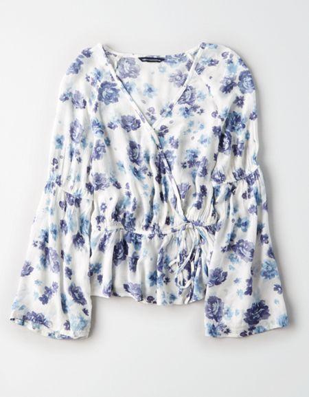 American Eagle Outfitters Ae Printed Wrap Front Peplum Surplice Top