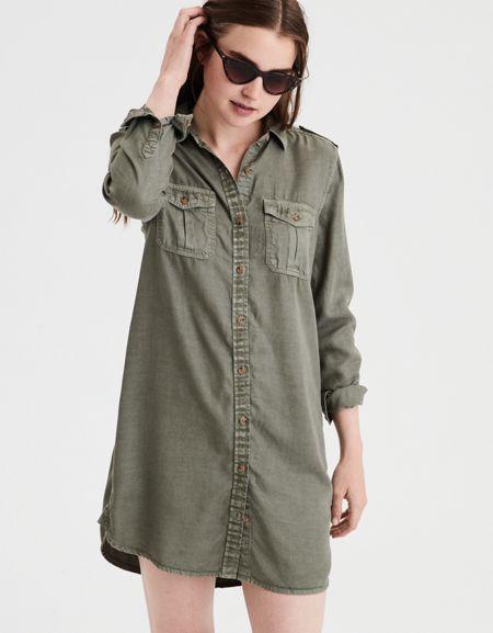 American Eagle Outfitters Ae Olive Shirt Dress