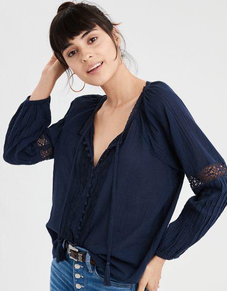 American Eagle Outfitters Ae Lace Inset Button-up Blouse