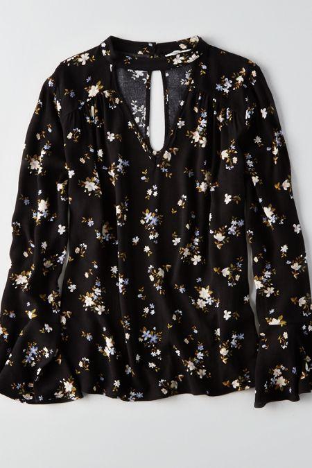 American Eagle Outfitters Ae Printed Long Sleeve Choker Top
