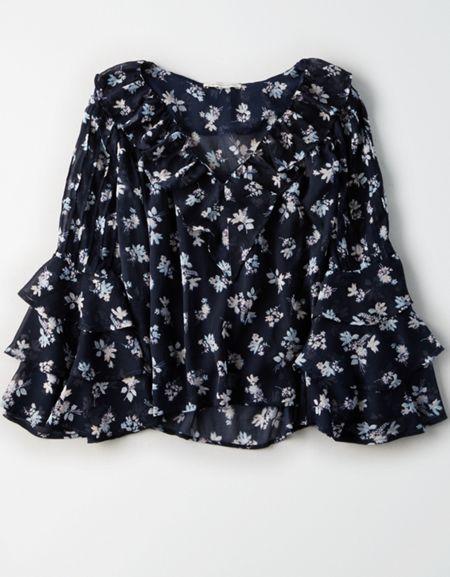 American Eagle Outfitters Ae Printed Chiffon Ruffle Top