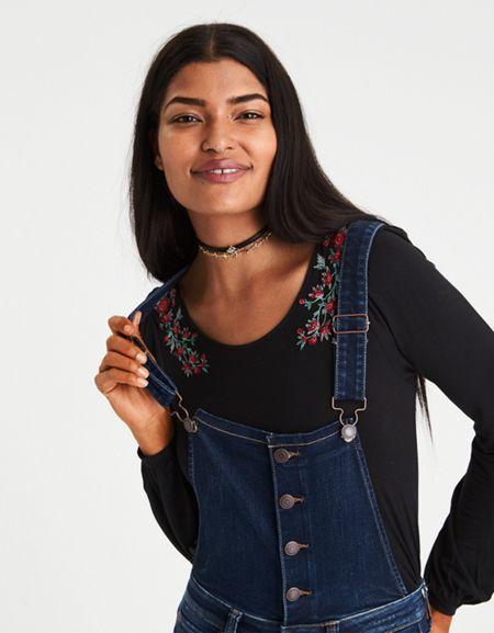 American Eagle Outfitters Ae Soft & Sexy Embroidered Long Sleeve Top