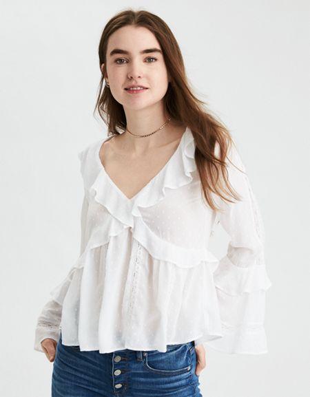 American Eagle Outfitters Ae Criss Cross Lace Ruffle Top