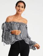 American Eagle Outfitters Ae Gingham Ruffle Off-the-shoulder Top
