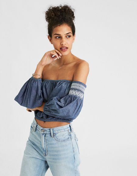 American Eagle Outfitters Ae Off-the-shoulder Chambray Crop Top