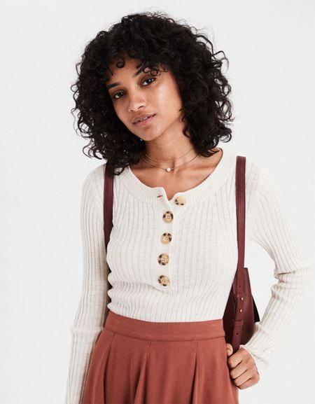 American Eagle Outfitters Ae Fitted Ribbed Henley Sweater