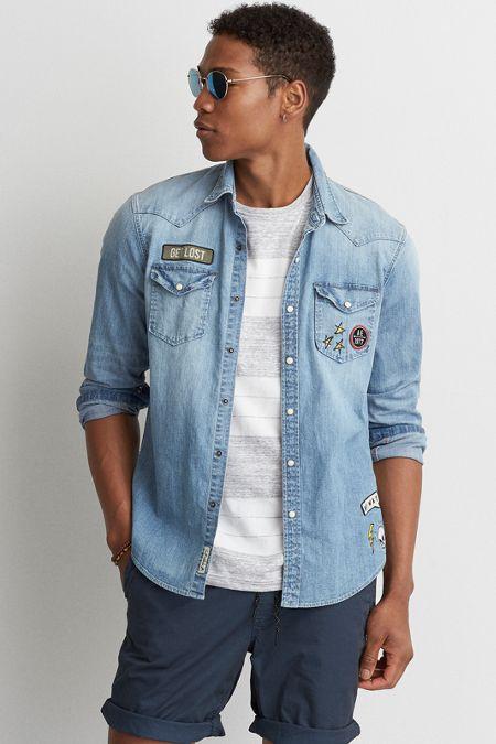 American Eagle Outfitters Ae Flex Western Denim Patch Shirt
