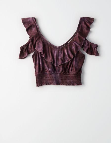 American Eagle Outfitters Ae Knit Cold Shoulder Ruffle Trim Top