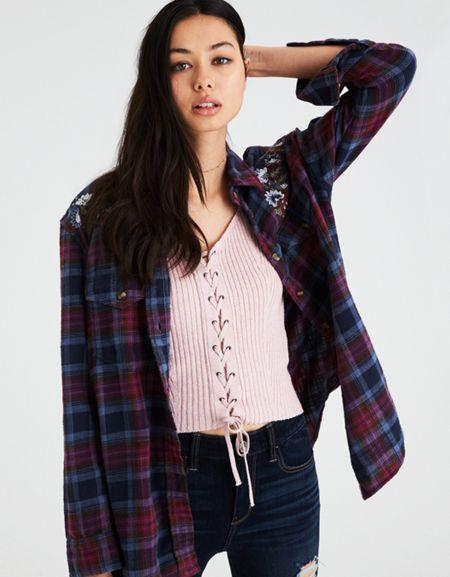 American Eagle Outfitters Ae Embroidered Shine Plaid Button-down Shirt