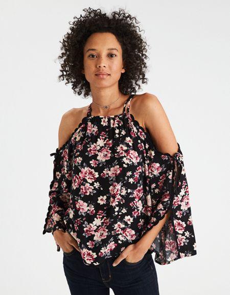 American Eagle Outfitters Ae Floral Cold Shoulder Pullover