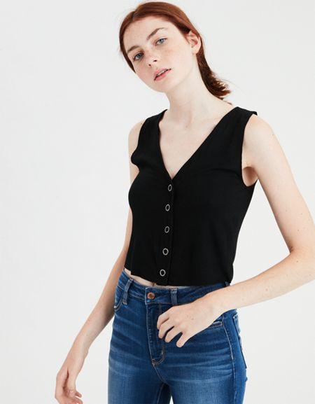 American Eagle Outfitters Ae Soft & Sexy Ribbed Henley Crop Top
