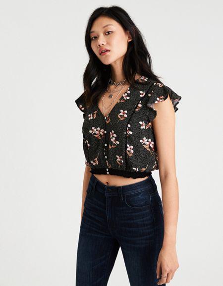 American Eagle Outfitters Ae Cropped Button Up V-neck Top