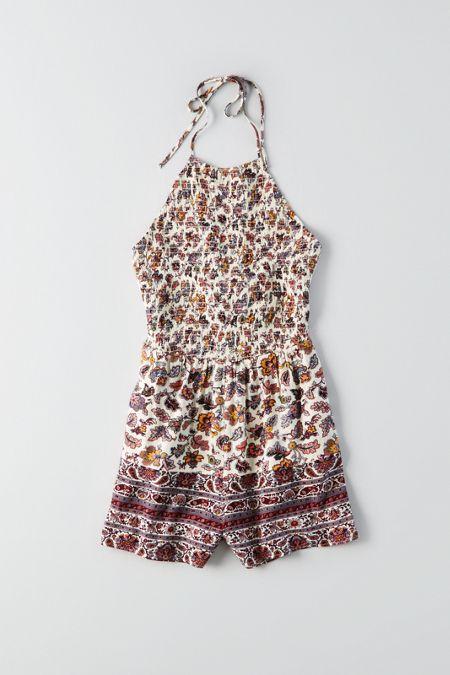 American Eagle Outfitters Ae Smocked Tie Neck Romper