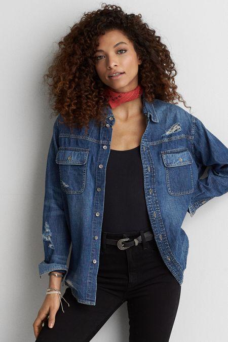 American Eagle Outfitters Ae Destroyed Denim Shirt Jacket
