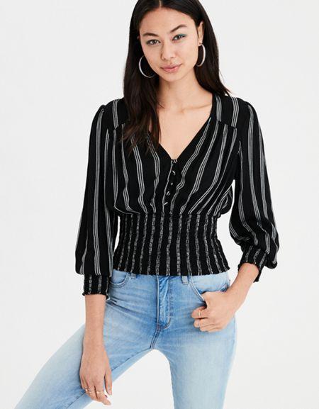 American Eagle Outfitters Ae Smocked Bodice Long Sleeve Top