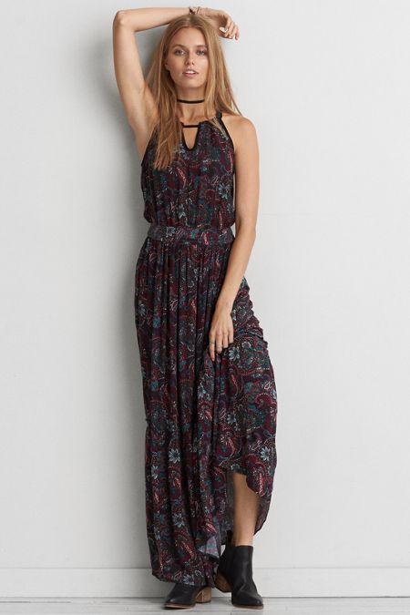 American Eagle Outfitters Ae Floral Hi-neck Maxi Dress