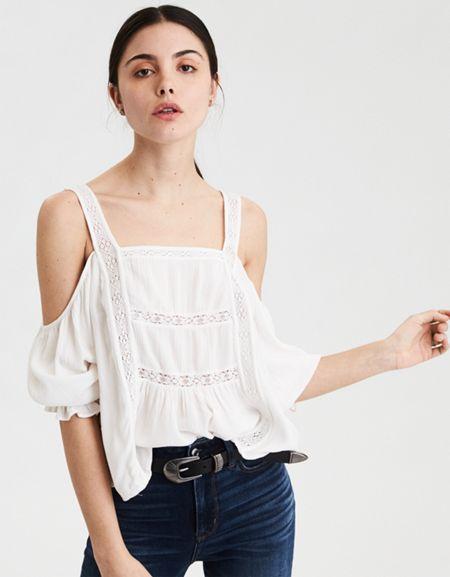 American Eagle Outfitters Ae Lace Trim Cold Shoulder Top
