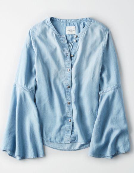 American Eagle Outfitters Ae Chambray Bell Sleeve Tencel Top