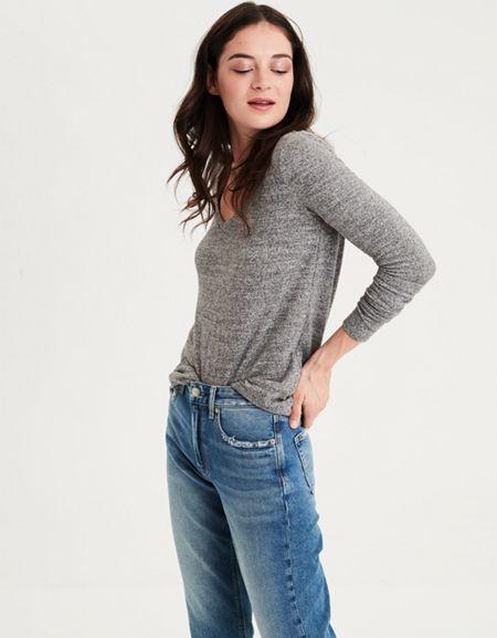 American Eagle Outfitters Ae Soft & Sexy Plush Long Sleeve V-neck T-shirt