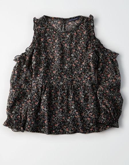 American Eagle Outfitters Ae Ruffle-trim Cold Shoulder Top
