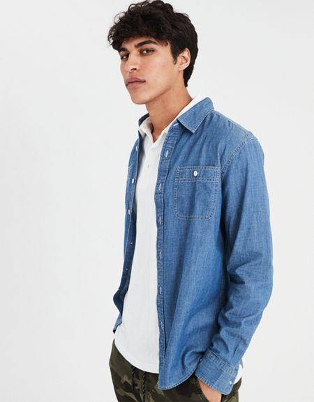 American Eagle Outfitters Ae Chambray Denim Button-down Shirt
