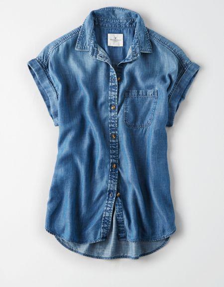 American Eagle Outfitters Ae Solid Short Sleeve Button Down Shirt