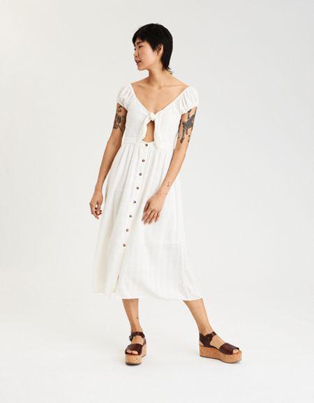 American Eagle Outfitters Ae Knot Front Button-up Midi Dress