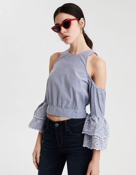 American Eagle Outfitters Ae Striped Cold Shoulder Crop Top
