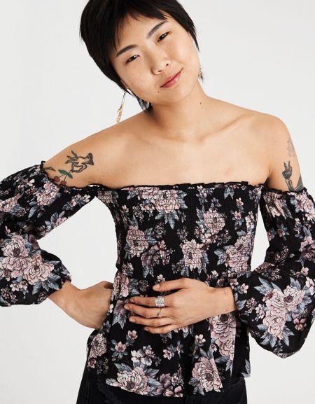 American Eagle Outfitters Ae Smocked Floral Off-the-shoulder Top