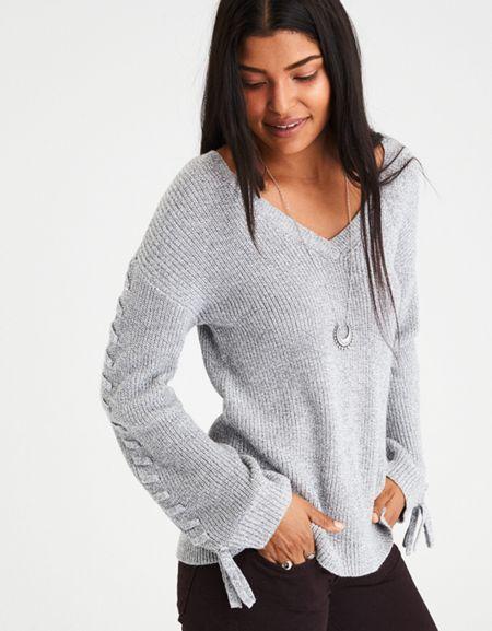 American Eagle Outfitters Ae Laced Tie-sleeve V-neck Sweater