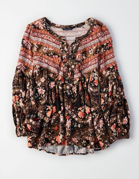 American Eagle Outfitters Ae Lace-up Peasant Top
