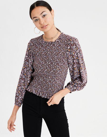 American Eagle Outfitters Ae Smocked Long Sleeve Top