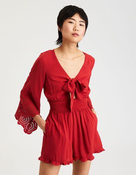 American Eagle Outfitters Ae Tie Front Bell Sleeve Romper