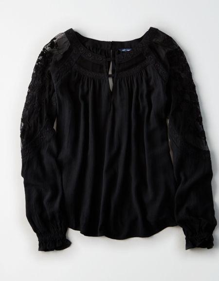 American Eagle Outfitters Ae Embroidered Mesh Sleeve Top
