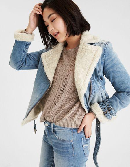 American Eagle Outfitters Ae Denim Elongated Moto Jacket