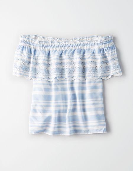 American Eagle Outfitters Ae Blue Stripe Eyelet Top
