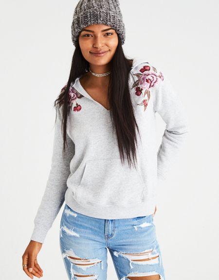 American Eagle Outfitters Ae Embroidered Notch-neck Hoodie