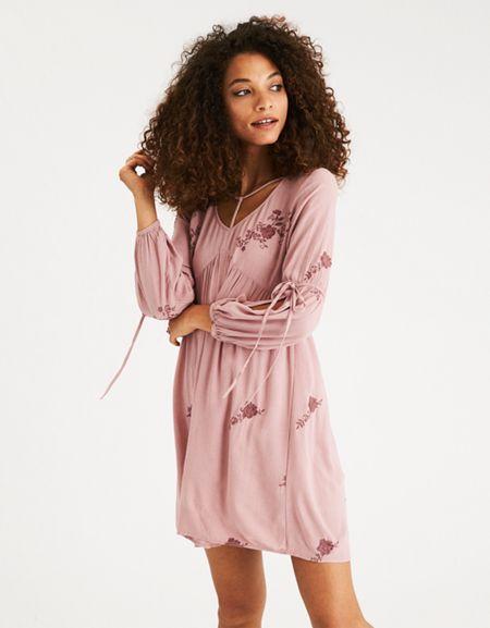 American Eagle Outfitters Ae Embroidered Split-sleeve Shift Dress