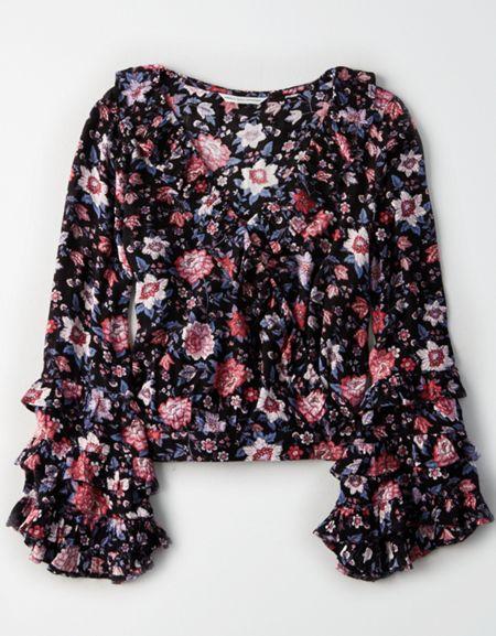American Eagle Outfitters Ae Wrap Front Ruffle Sleeve Top