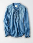 American Eagle Outfitters Ae Lace-up Ruffle Collar Denim Shirt