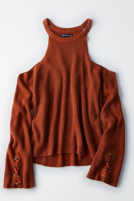 American Eagle Outfitters Ae Cold Shoulder Laced-sleeve Sweater