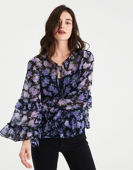 American Eagle Outfitters Ae Bell Sleeve Printed Ruffle Chiffon Top