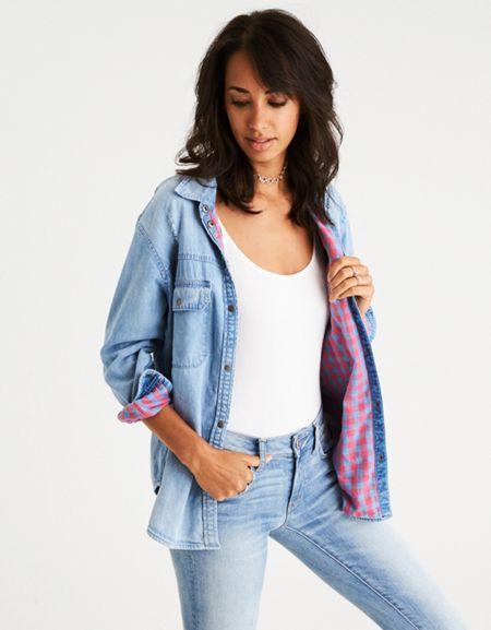 American Eagle Outfitters Ae Plaid-lined Denim Cabin Shirt