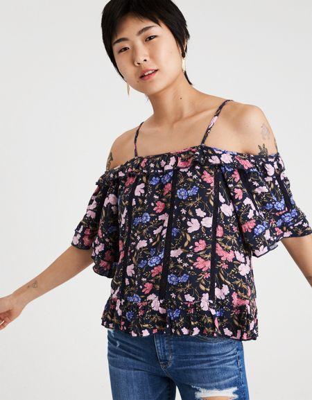 American Eagle Outfitters Ae Cold Shoulder Printed Top