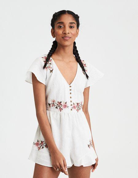 American Eagle Outfitters Ae Button Front Embroidered Romper
