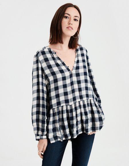 American Eagle Outfitters Ae Pintuck Plaid Blouse