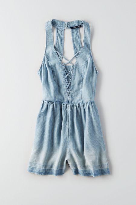 American Eagle Outfitters Ae Denim Lace-up Romper