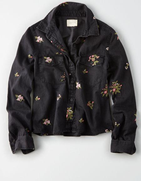 American Eagle Outfitters Ae Embroidered Denim Button Up Shirt